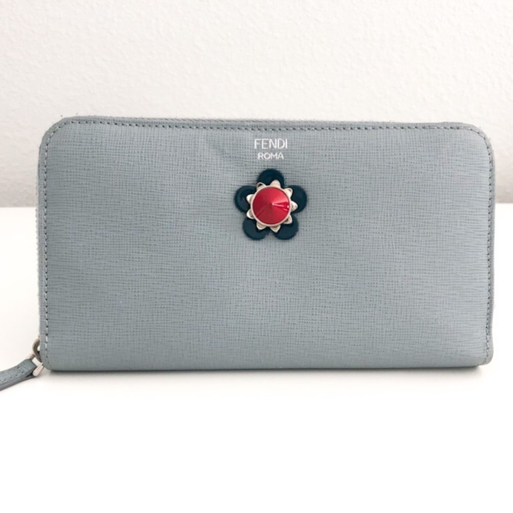Fendi Blue Saffiano Leather Zip Continental Wallet